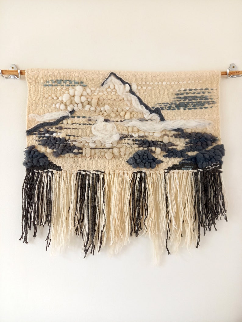 Handwoven wall hanging K2 The Savage Mountain, wall tapestry with fringes made of wool and wool roving in grey and white colors image 2