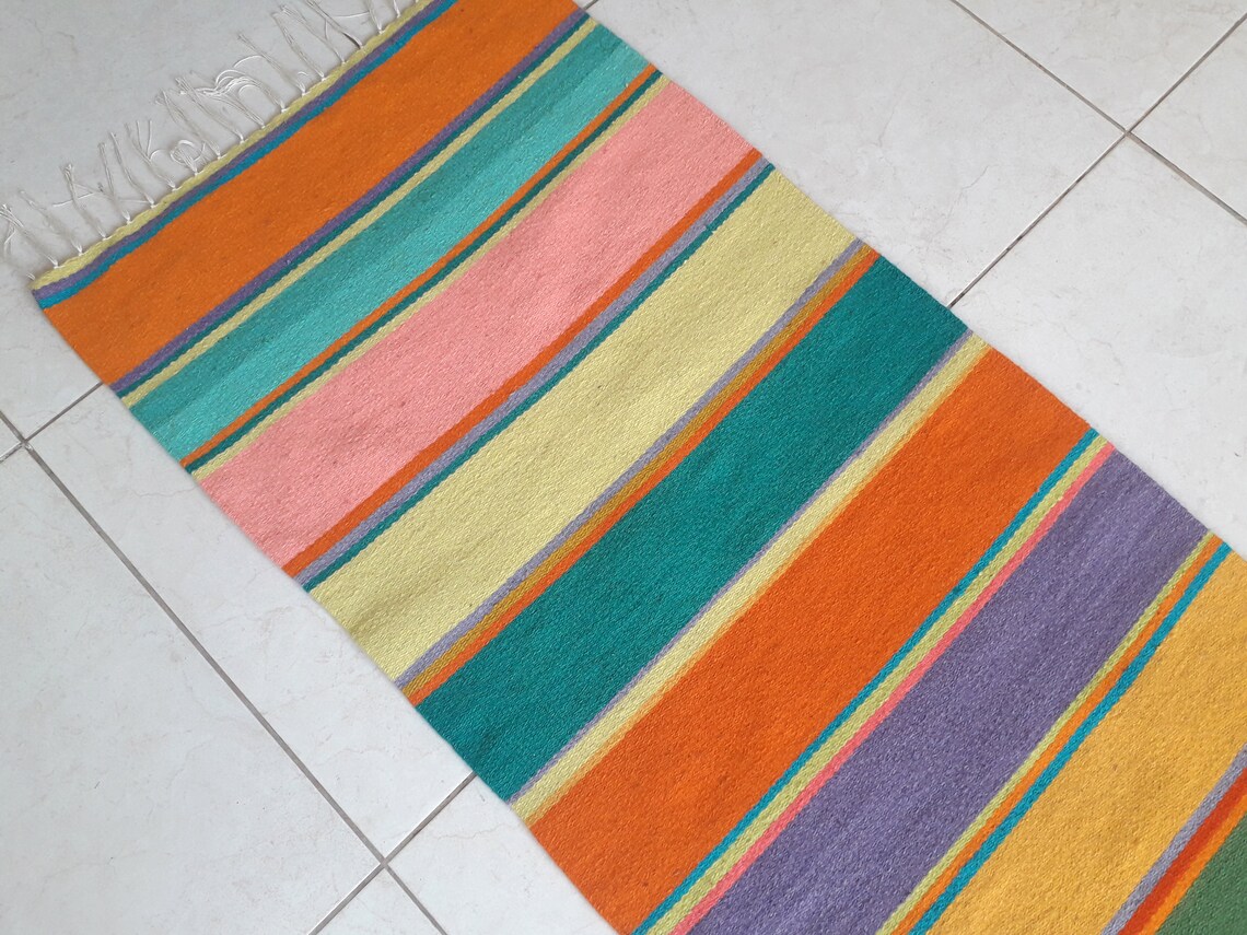Striped Colorful Rug Runner Natural Wool Rug Handmade Etsy