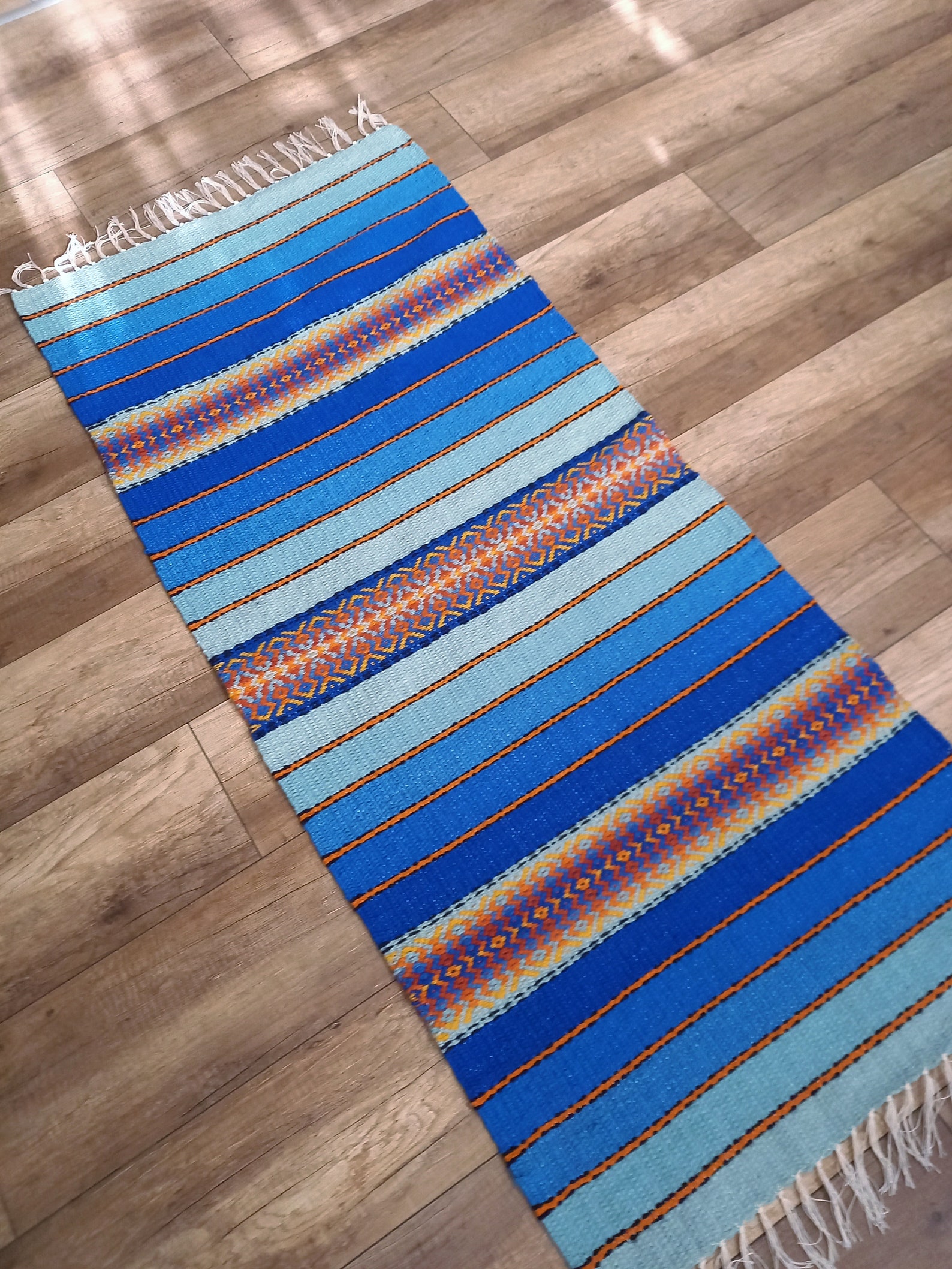 Blue Striped Rug With Yellow Orange and Red Motifs 5 Shades Etsy