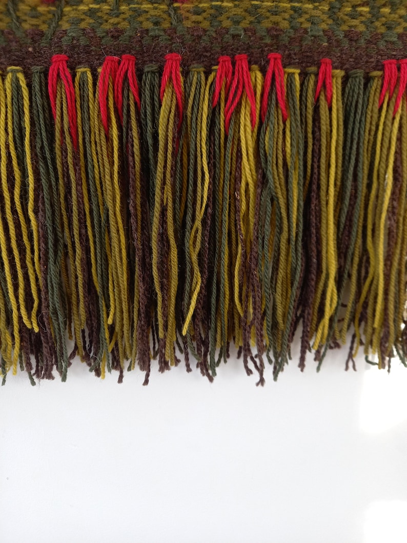 Puede incluir: Primer plano de un textil tejido con un borde con flecos. La parte superior presenta un patr&oacute;n geom&eacute;trico en tonos marrones, verdes y rojos. La franja consta de largos hilos en verde oliva, marr&oacute;n y amarillo, con detalles en rojo.