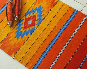 Handwoven Wool Area Rug: Farmhouse Kilim Runner, Red Orange Blue
