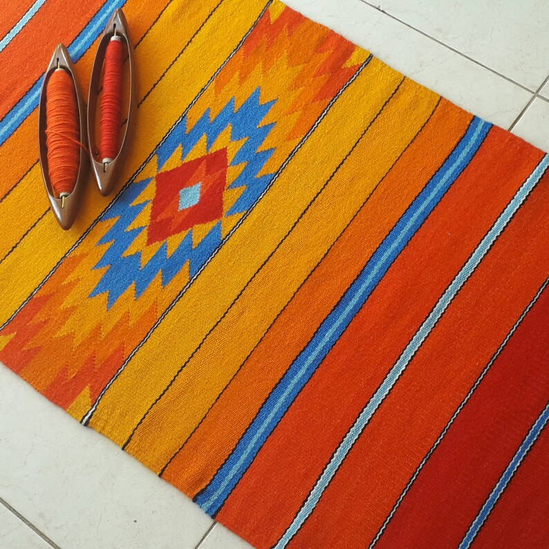 Handwoven Area Rug in Red, Orange, Yellow and Blue Farmhouse Rug Runner Kilim Natural Wool Rug