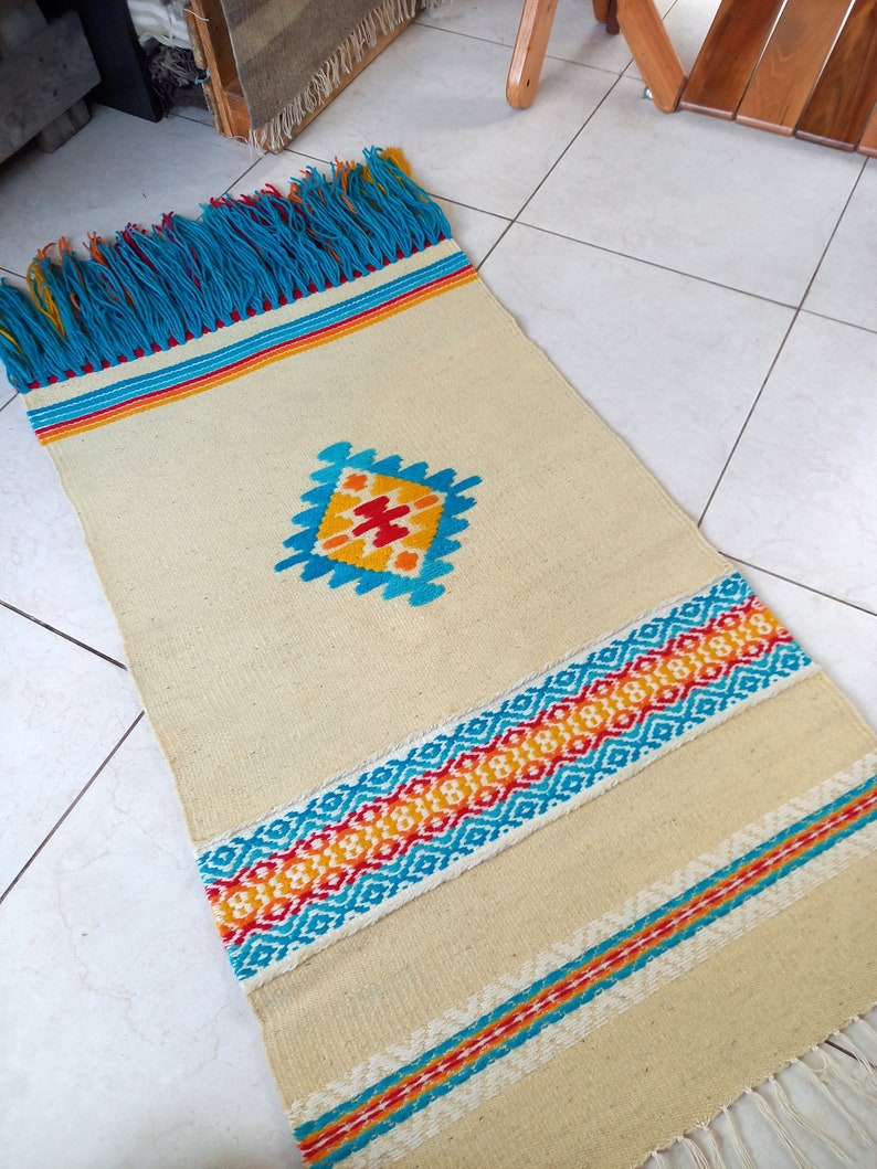 White Blue Woven Rug White and Blue Turquoise Rug Runner Etsy