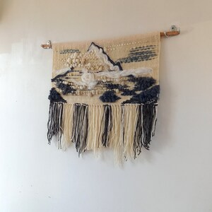 Handwoven wall hanging K2 The Savage Mountain, wall tapestry with fringes made of wool and wool roving in grey and white colors image 5