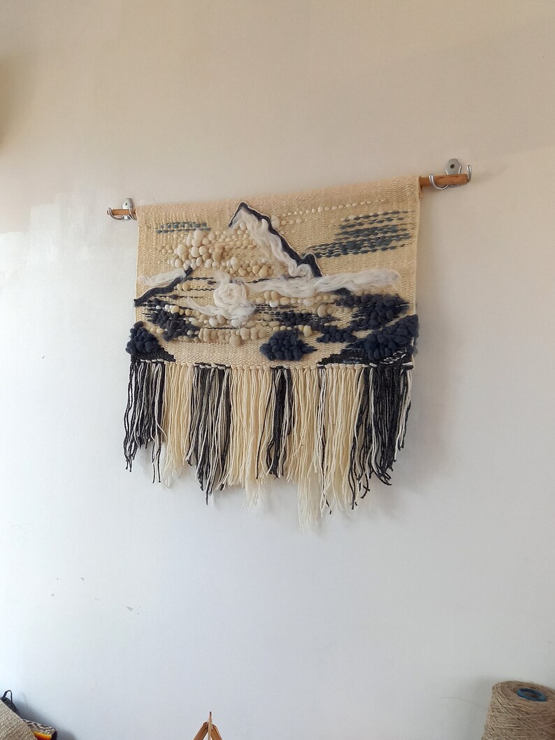 Handwoven wall hanging K2 The Savage Mountain, wall tapestry with fringes made of wool and wool roving in grey and white colors image 5