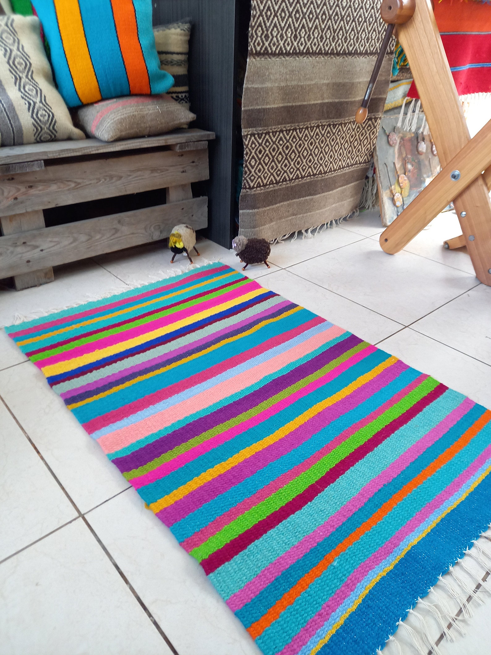 Striped Colorful Wool Rug, Boho Style Home Decor Rug, Bright Colors ...