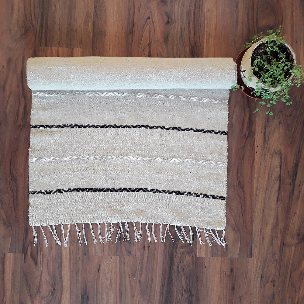Woolous Rug Hand Woven Wool Rug in Natural White With Snow White and Black Stripes ...