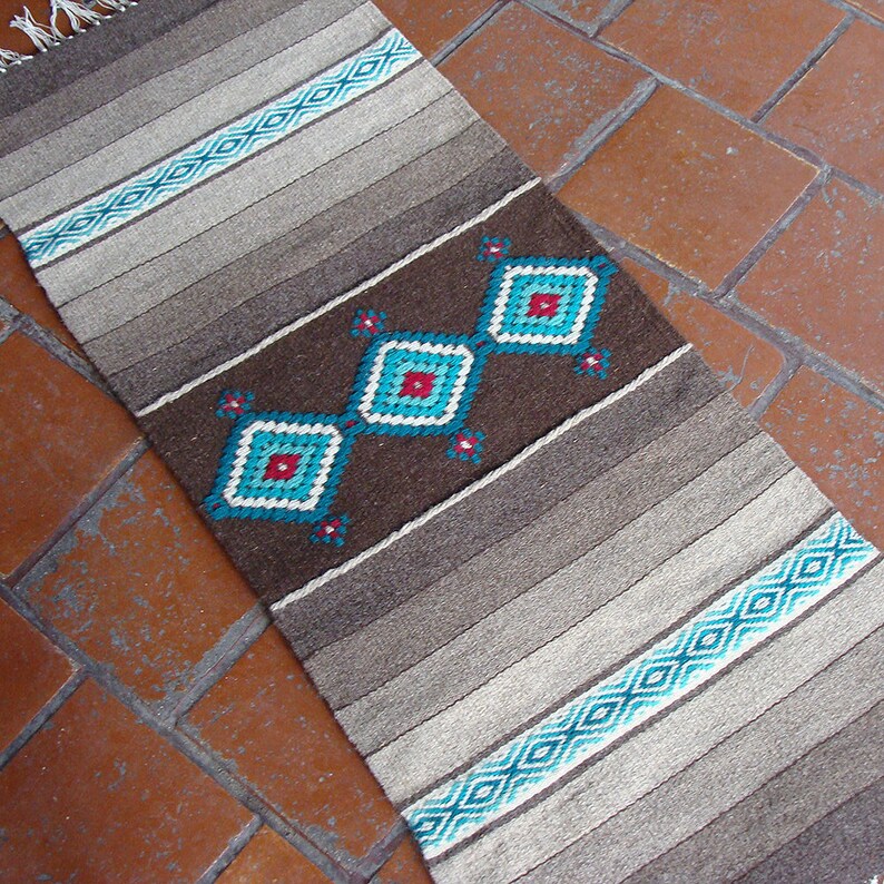 Boho kilim rug runner white and brown stripes with turquoise Etsy
