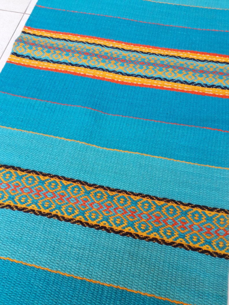 Blue Striped Rug With Yellow Orange and Red Motifs Blue Etsy