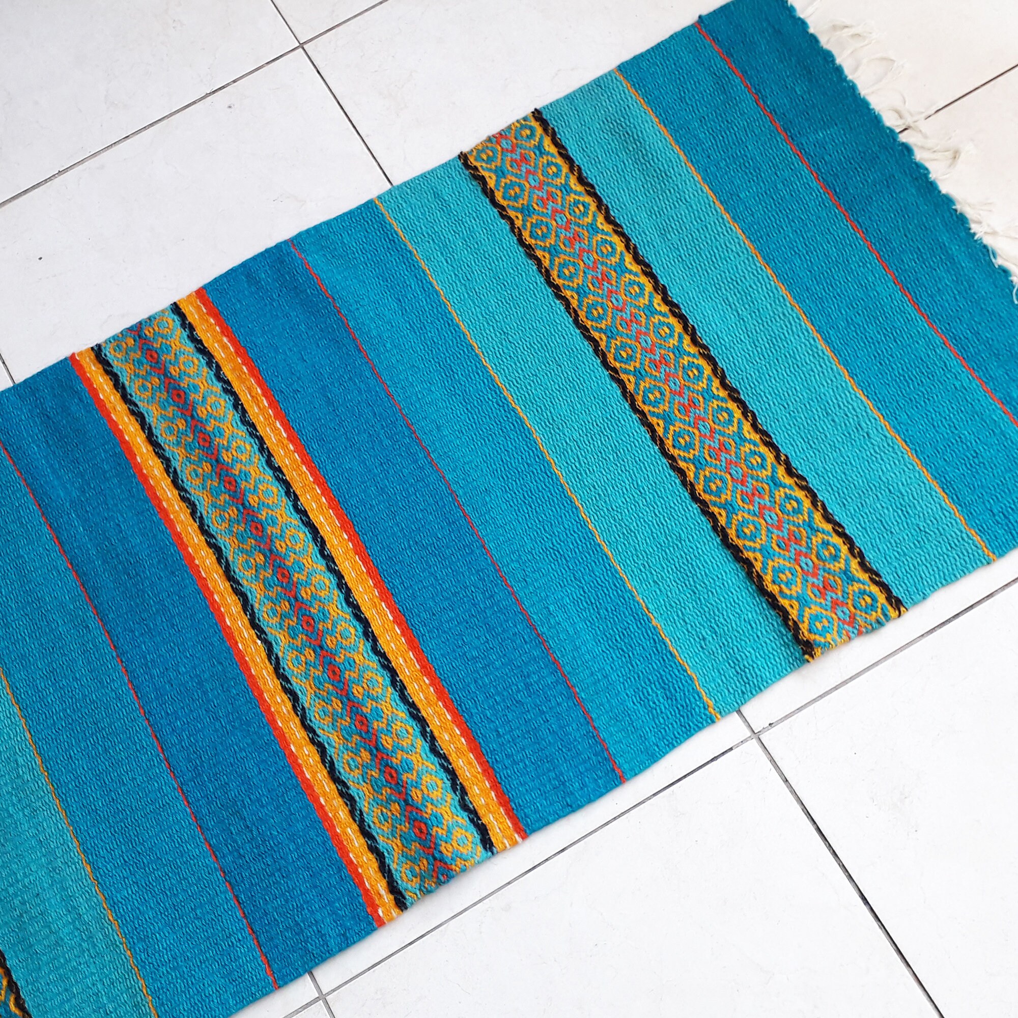 Blue striped rug with yellow orange and red motifs blue Etsy