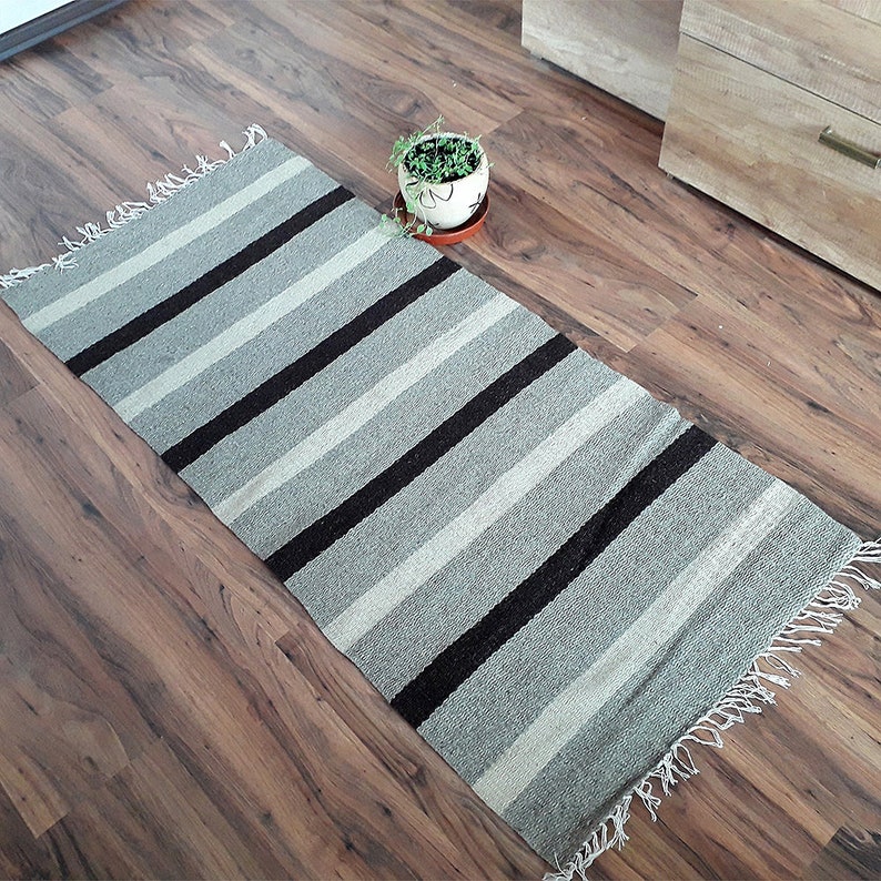 Striped Handwoven Wool Rug Runner in Natural White Beige and Etsy