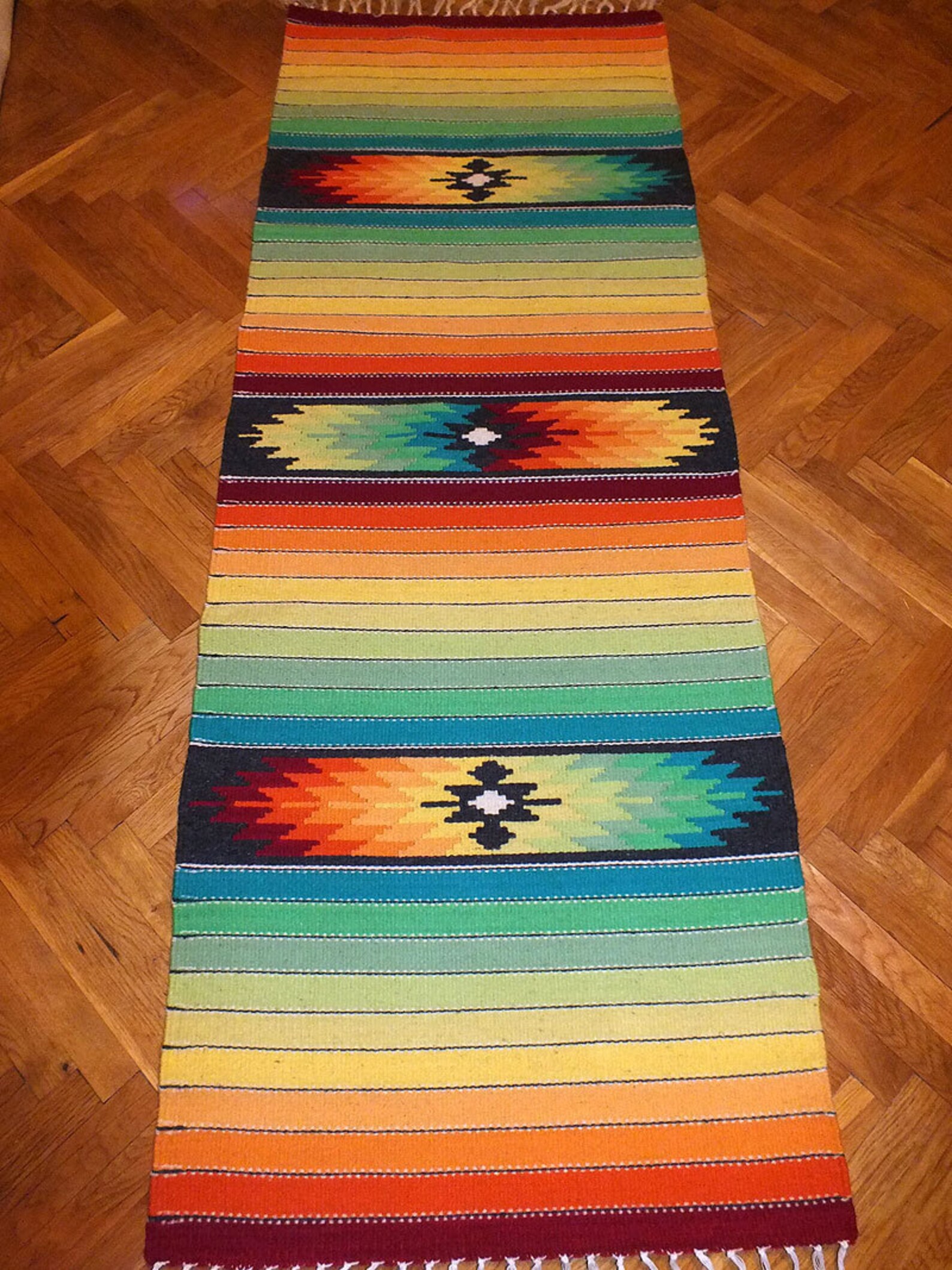 Handwoven wool rug made to order green yellow red blue Etsy