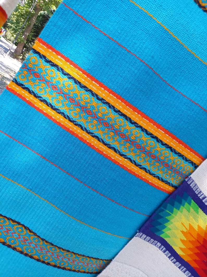 Blue Striped Rug With Yellow Orange and Red Motifs Blue Etsy