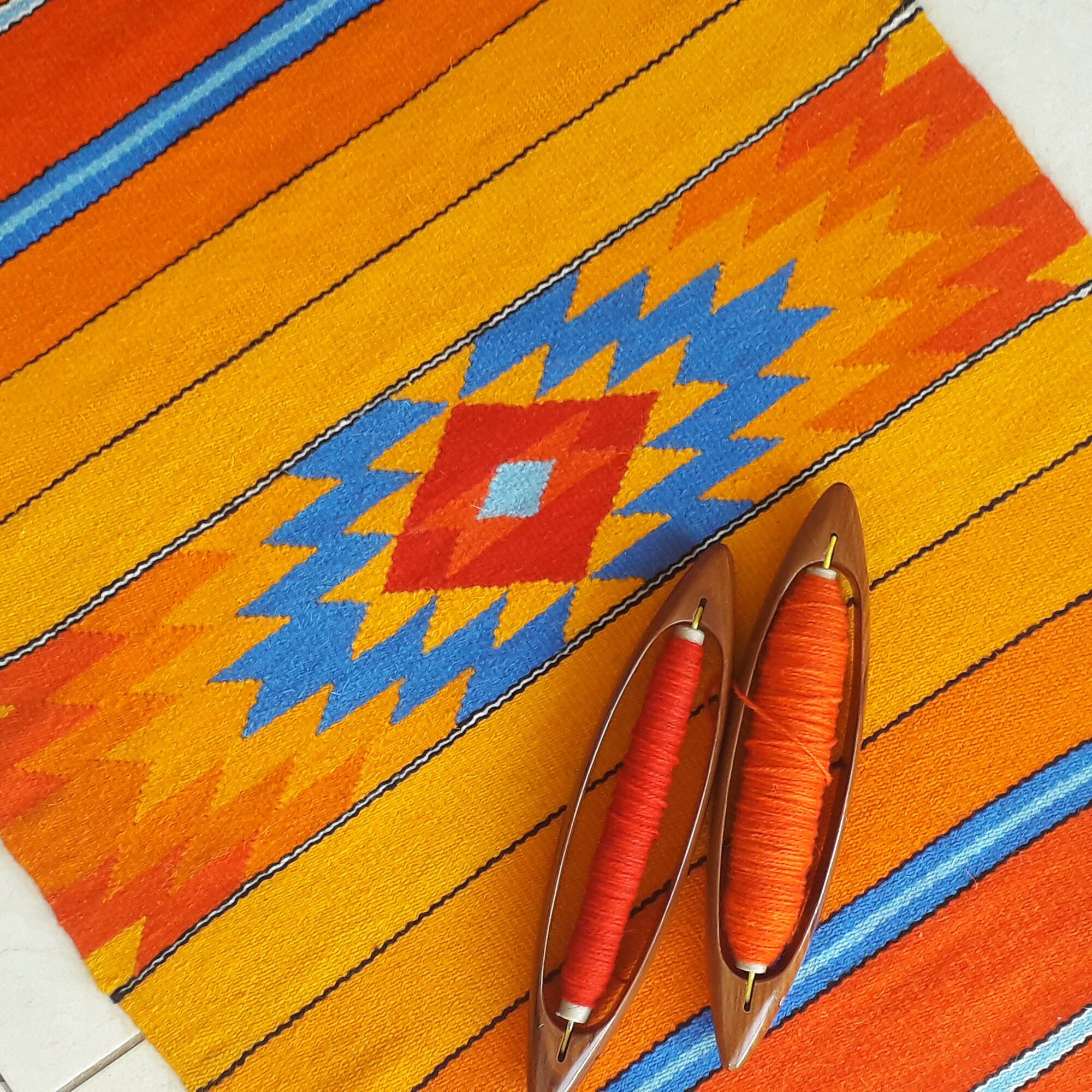 Handwoven Area Rug in Red, Orange, Yellow and Blue Farmhouse Rug Runner