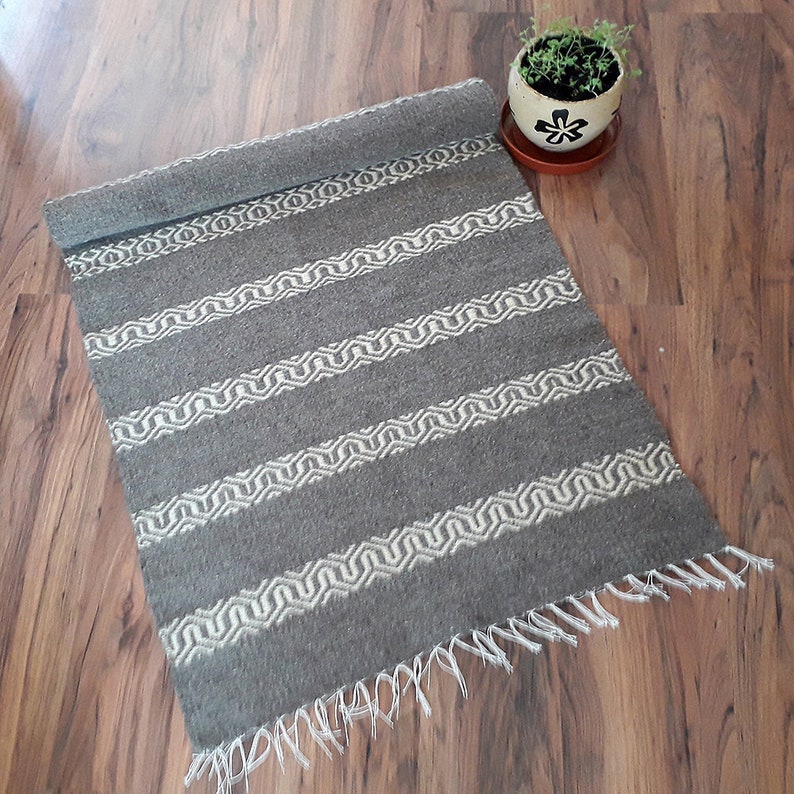 Gray Handwoven Wool Rug With White Stripes for Your Home Decor Etsy
