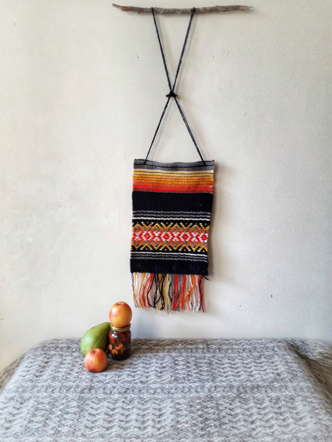 Woven black wall hanging with 8 shades red orange and yellow Etsy