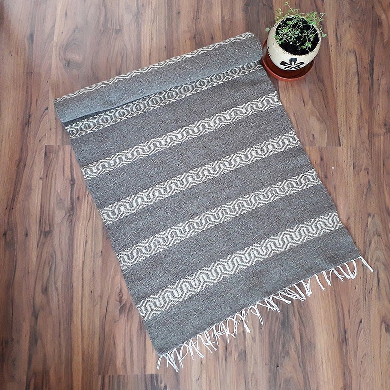 Gray Handwoven Wool Rug With White Stripes for Your Home Decor Etsy