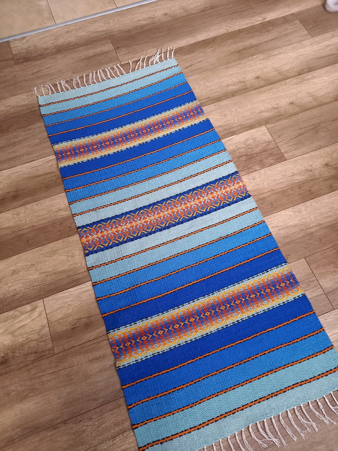 Blue Striped Rug With Yellow Orange and Red Motifs 5 Shades Etsy