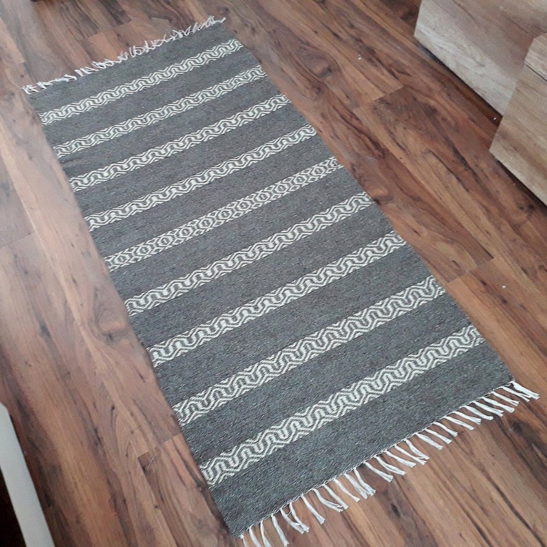 Gray Handwoven Wool Rug With White Stripes for Your Home Decor Etsy