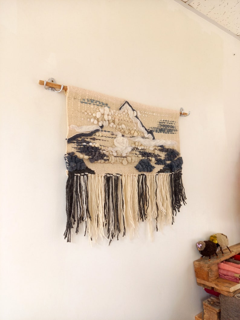 Handwoven wall hanging K2 The Savage Mountain, wall tapestry with fringes made of wool and wool roving in grey and white colors image 10