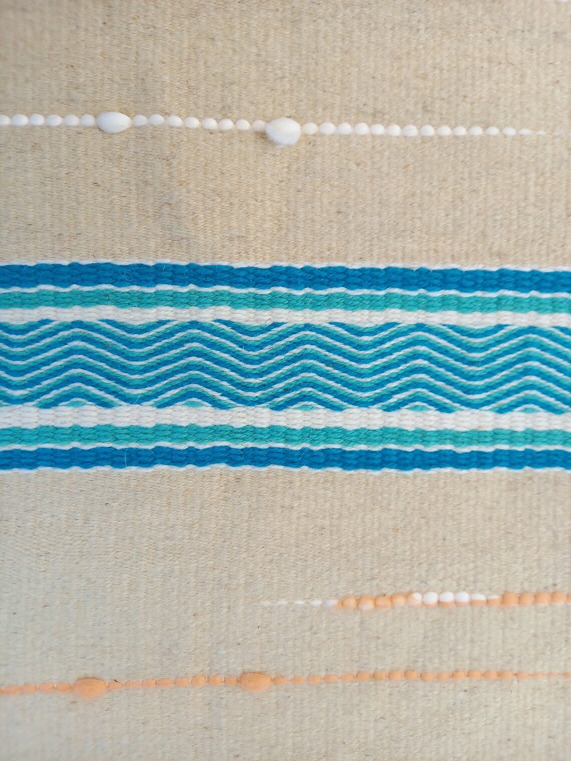 Cream Rug With Blue Accents Handwoven on a Floor Loom Using Etsy