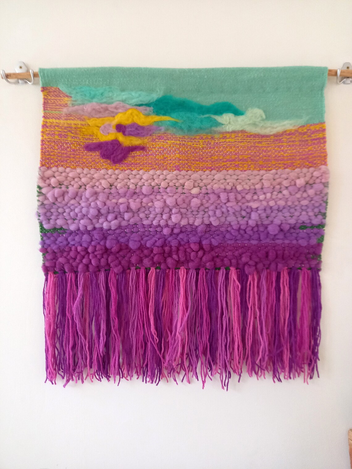 Woven Wall Hanging, Made Using A Variety of Weaving Techniques lavender Fields Cottage Home Wall