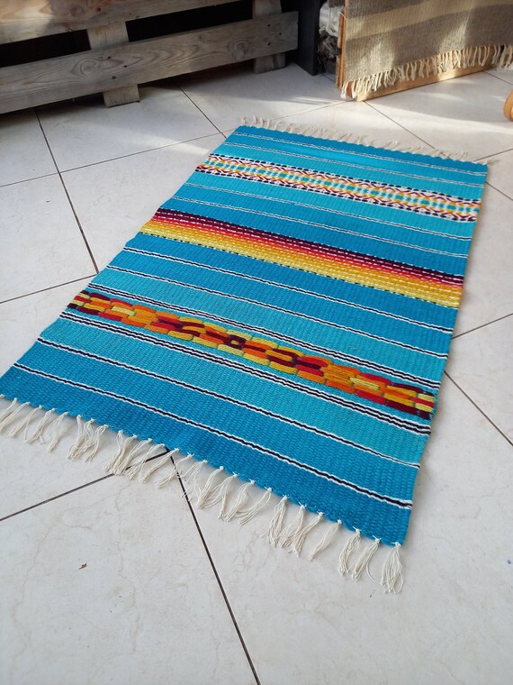 Blue striped rug with yellow orange and red motifs blue Etsy