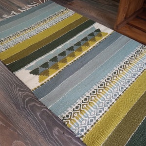 Hand woven wool kilim rug in grey and green tabac colors for your home decor, unique handmade area rug, striped grey and green rug image 2