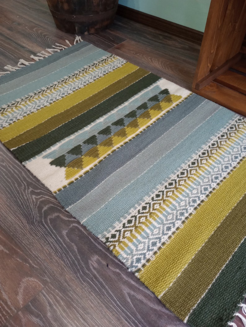 Hand woven wool kilim rug in grey and green tabac colors for your home decor, unique handmade area rug, striped grey and green rug image 2