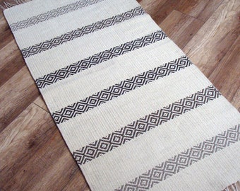 Eco-friendly wool rug runner in natural white and brown colors - white handwoven wool rug with brown stripes, Scandinavian White rug runner