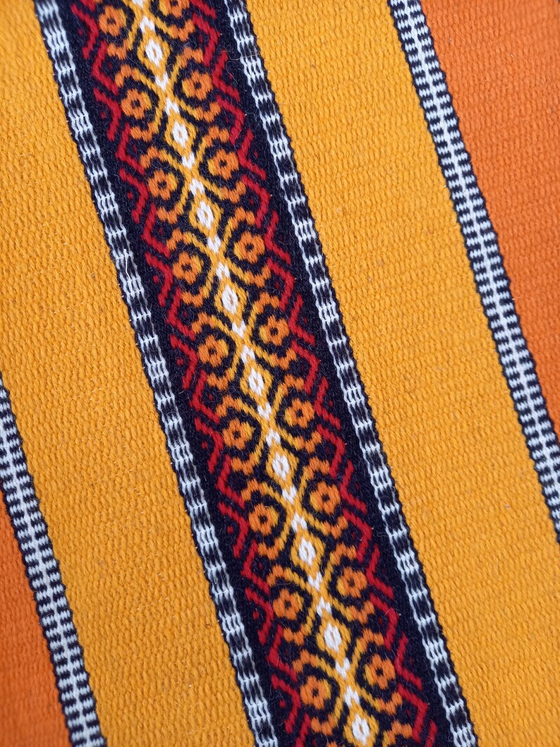 May include: A close-up of a woven fabric with a repeating geometric pattern in black, red, orange, and white. The fabric is a bright yellow color.
