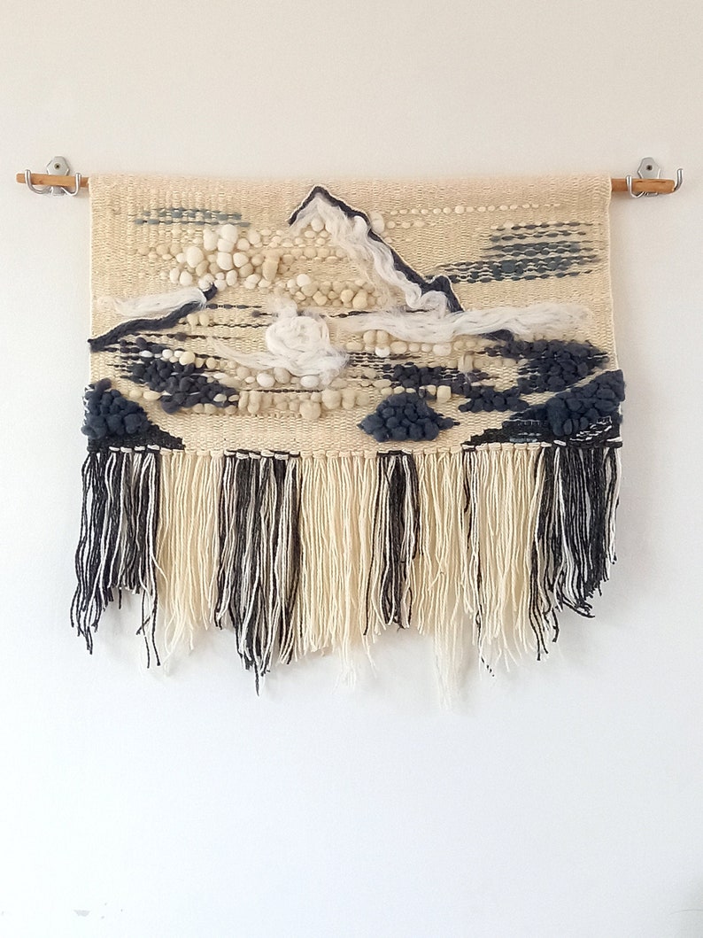 Handwoven wall hanging K2 The Savage Mountain, wall tapestry with fringes made of wool and wool roving in grey and white colors image 1