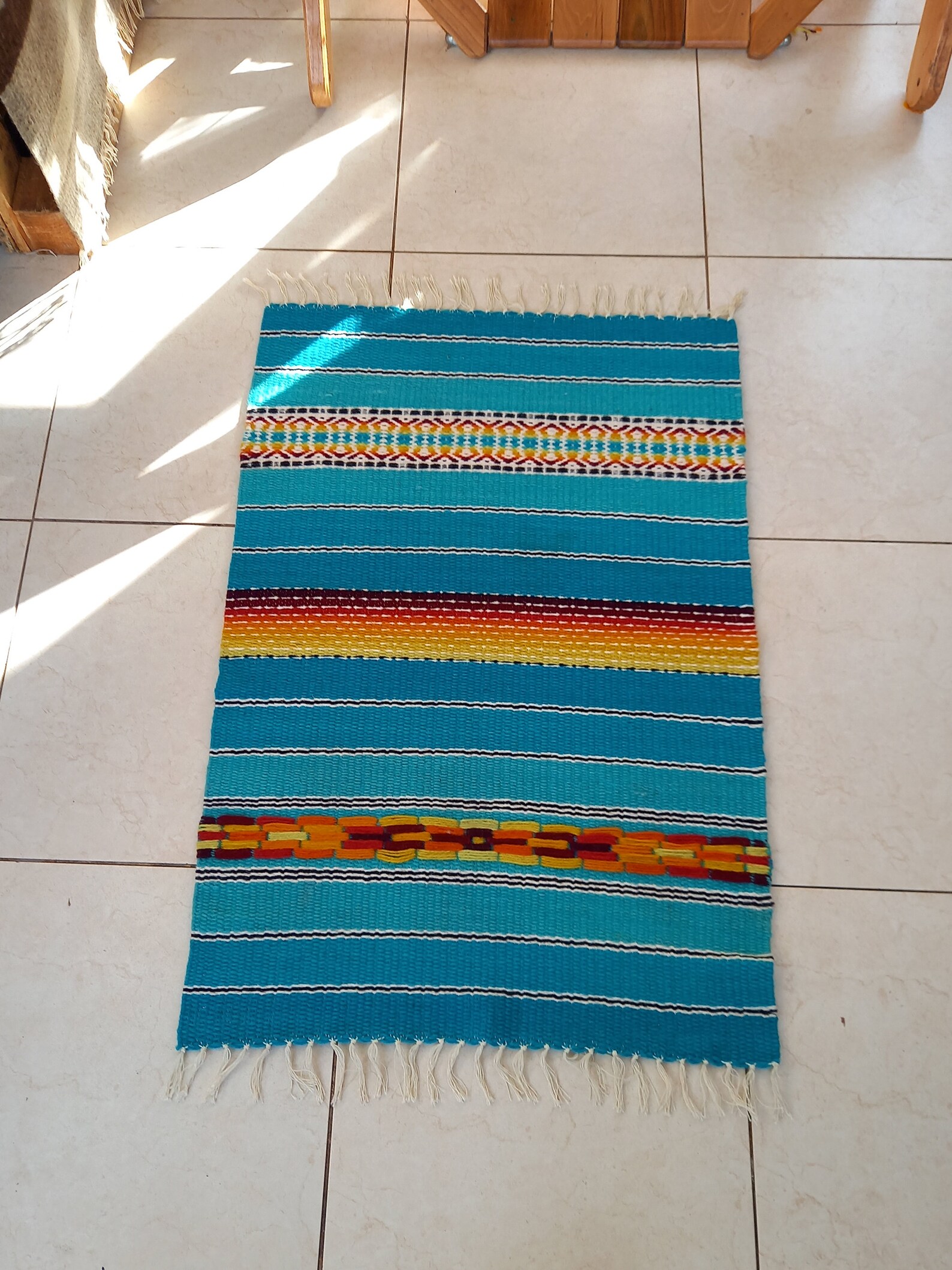 Blue striped rug with yellow orange and red motifs blue Etsy
