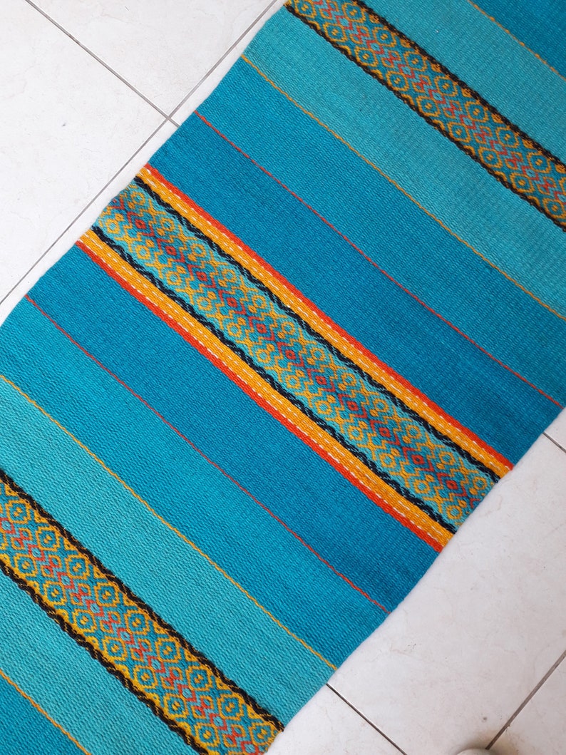 Blue Striped Rug With Yellow Orange and Red Motifs Blue Etsy