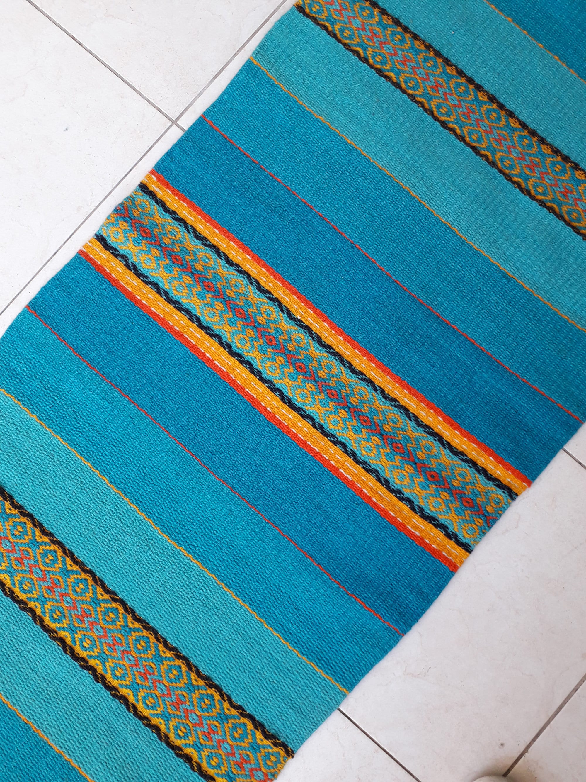 Blue striped rug with yellow orange and red motifs blue Etsy