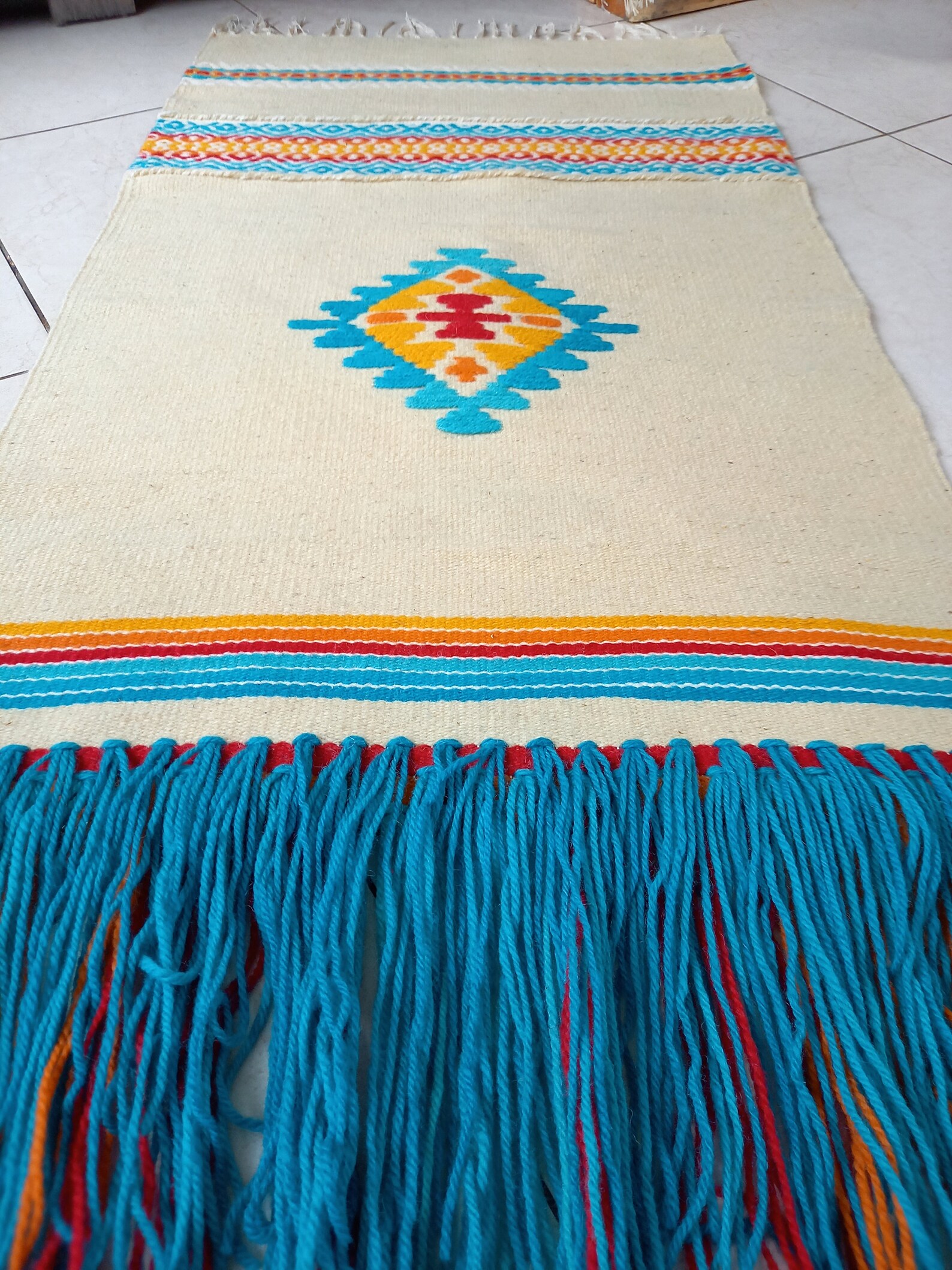 White Blue Woven Rug White and Blue Turquoise Rug Runner Etsy