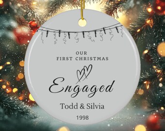 Engaged Christmas Ornament White Ceramic Custom We're Engaged Couple Names Date First Christmas Engagement Ornament Decor
