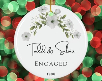 Engaged Christmas Ornament White Ceramic Custom We're Engaged Couple Names Date First Christmas Engagement Ornament Decor