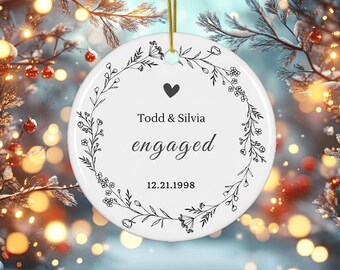 Engaged Christmas Ornament White Ceramic Custom We're Engaged Couple Names Date First Christmas Engagement Ornament Decor Personalized