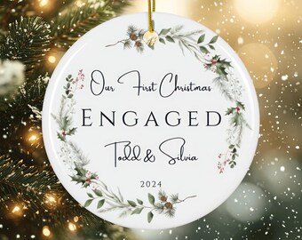Christmas Ornament, Our First Christmas Engaged, Couples Names & Year, Watercolor Wreath, Holiday Decor, Personalized Ornament, Christmas