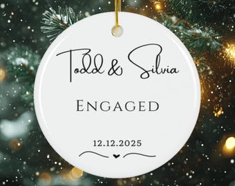 Ceramic Christmas Ornament Engaged Couple's Names and Date of Engagement Minimalist Black and White Design Wedding Gift Personalized Holiday