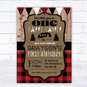 Happy Camper Invite, Happy Camper Invitation,  One Happy Camper, 1st Birthday, Camping Invite, plaid, rustic, buffalo check, printable