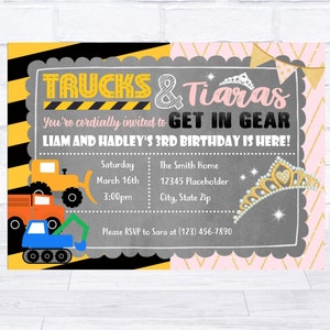 Trucks and Tiaras, Trucks invite, tiara invite, sibling invite, sibling invitation, twin invite, twin invitation, construction invite