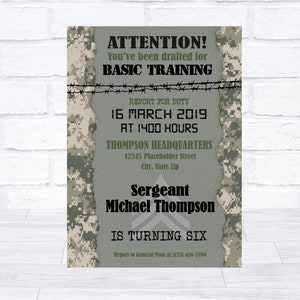 Invitation de l’armée, invitation d’anniversaire de l’armée, invitation de soldat, invitation de camouflage, fête de l’armée, anniversaire de camp d’entraînement, invitation militaire, invitation militaire