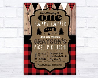 Happy Camper Invite, Happy Camper Invitation,  One Happy Camper, 1st Birthday, Camping Invite, plaid, rustic, buffalo check, printable