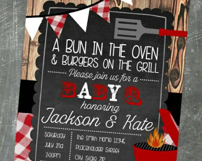 bbq coed baby shower baby q burgers on the grill Bun in the oven invite baby shower invite couple/'s shower baby barbecue baby bbq