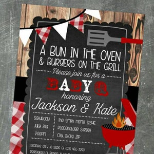 Bun in the oven invite, coed baby shower, couple's shower, burgers on the grill, baby q, baby barbecue, baby bbq, baby shower invite, bbq