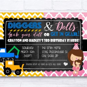 Trucks and Tutus, Diggers and Dolls, Sibling invite, Twin invite, sibling invitation, twin invitation, brother and sister, coed, printable