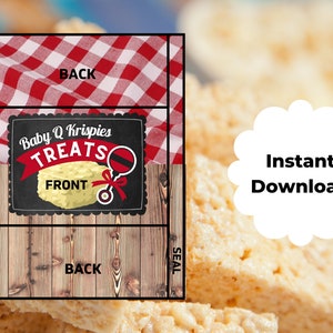 May include: Printable treat bag template with a red and white checkered pattern on the back, a woodgrain pattern on the front, and the text "Baby Q Krispies Treats" in black with a red ribbon and a rattle graphic. The text "Front" and "Back" are also included on the template.