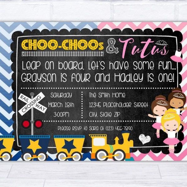 Choo choos and tutus, Twin invite, Twin invitation, Sibling invite, Sibling invitation, combo birthday, choo choo train invite, printable